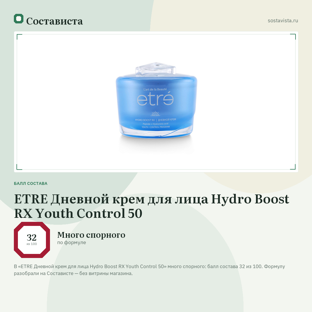ETRE Дневной крем для лица Hydro Boost RX Youth Control 50: балл состава 32 из 100 — Состависта