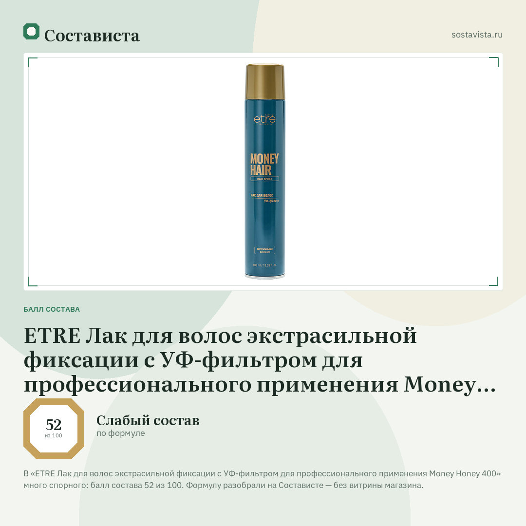 ETRE Лак для волос экстрасильной фиксации с УФ-фильтром для профессионального применения Money Honey 400: балл состава 52 из 100 — Состависта