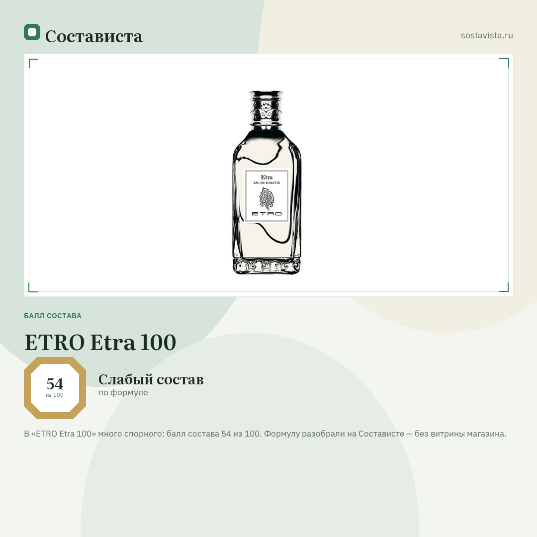 ETRO Etra 100: балл состава 54 из 100 — Состависта