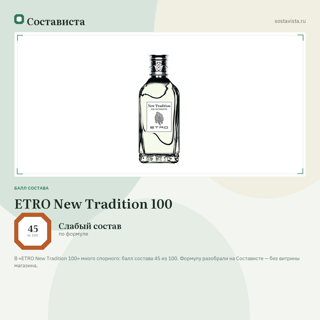 ETRO New Tradition 100: балл состава 45 из 100 — Состависта