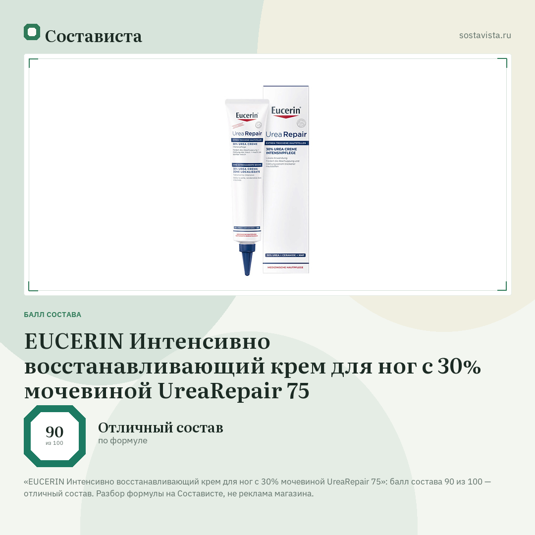 EUCERIN Интенсивно восстанавливающий крем для ног с 30% мочевиной UreaRepair 75: балл состава 90 из 100 — Состависта