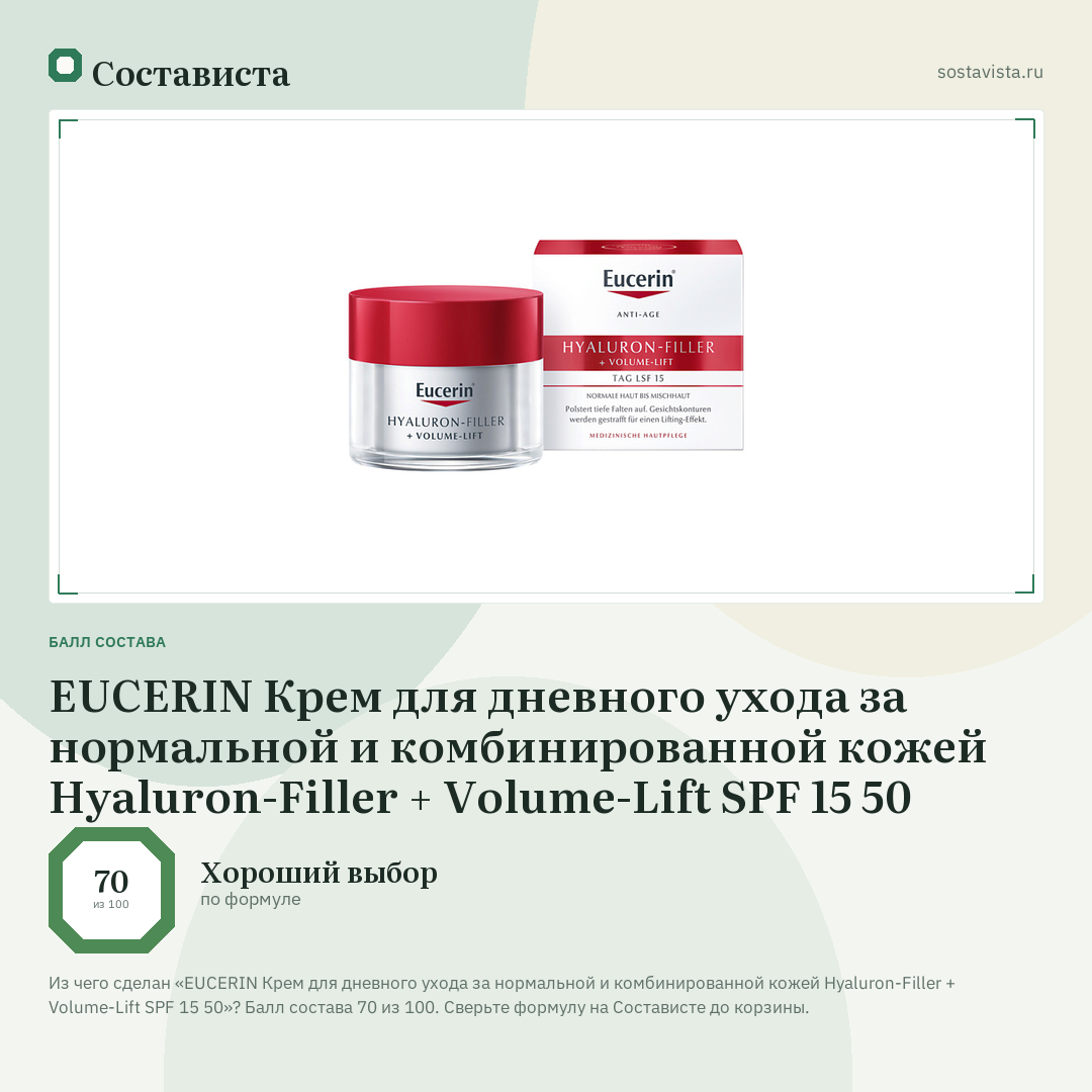EUCERIN Крем для дневного ухода за нормальной и комбинированной кожей Hyaluron-Filler + Volume-Lift SPF 15 50: балл состава 70 из 100 — Состависта