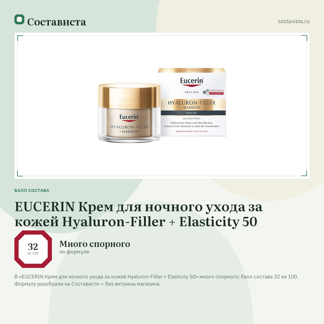EUCERIN Крем для ночного ухода за кожей Hyaluron-Filler + Elasticity 50: балл состава 32 из 100 — Состависта