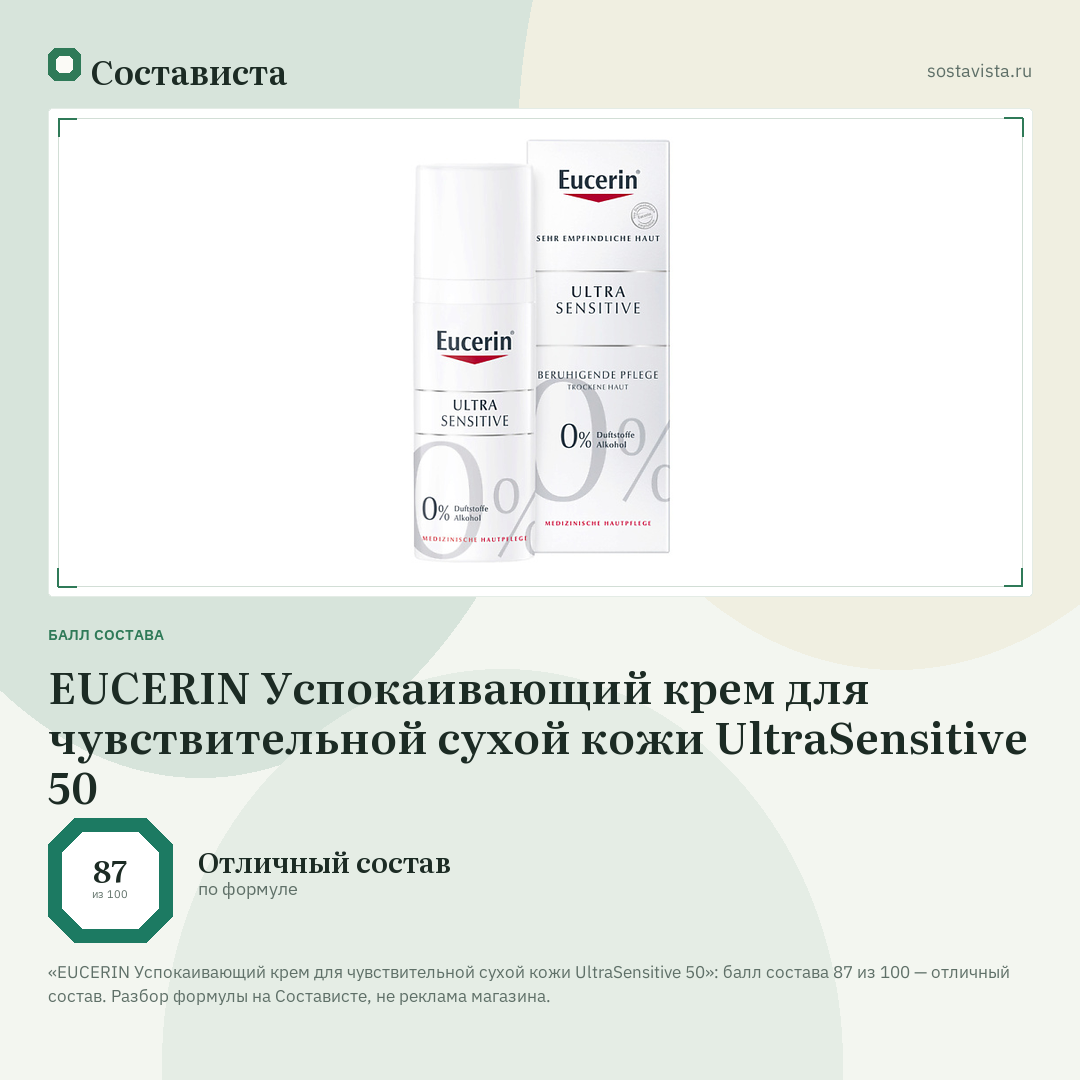 EUCERIN Успокаивающий крем для чувствительной сухой кожи UltraSensitive 50: балл состава 87 из 100 — Состависта