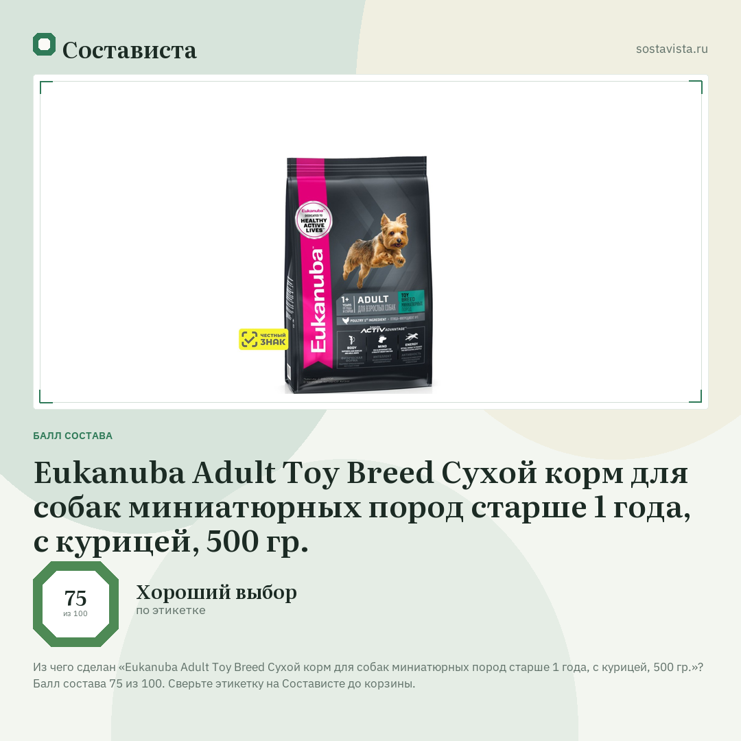 Eukanuba Adult Toy Breed Сухой корм для собак миниатюрных пород старше 1 года, с курицей, 500 гр.: балл состава 75 из 100 — Состависта