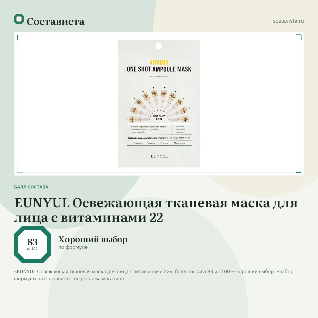 EUNYUL Освежающая тканевая маска для лица с витаминами 22: балл состава 83 из 100 — Состависта