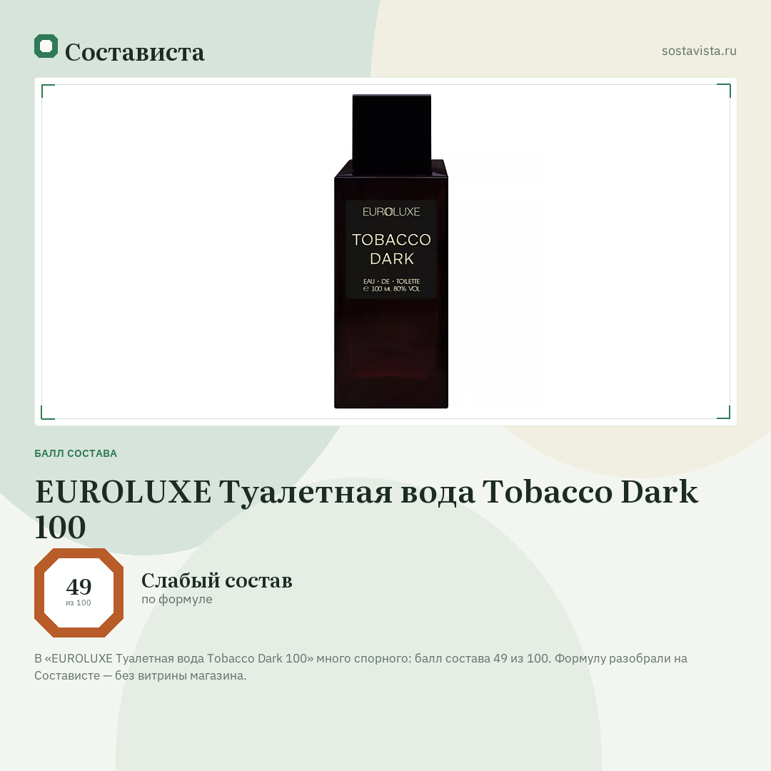 EUROLUXE Туалетная вода Tobacco Dark 100: балл состава 49 из 100 — Состависта