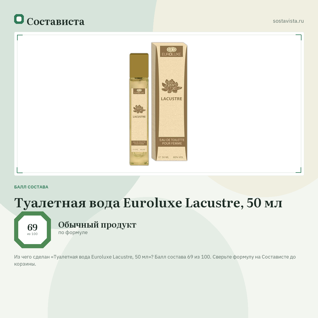 Туалетная вода Euroluxe Lacustre, 50 мл: балл состава 69 из 100 — Состависта