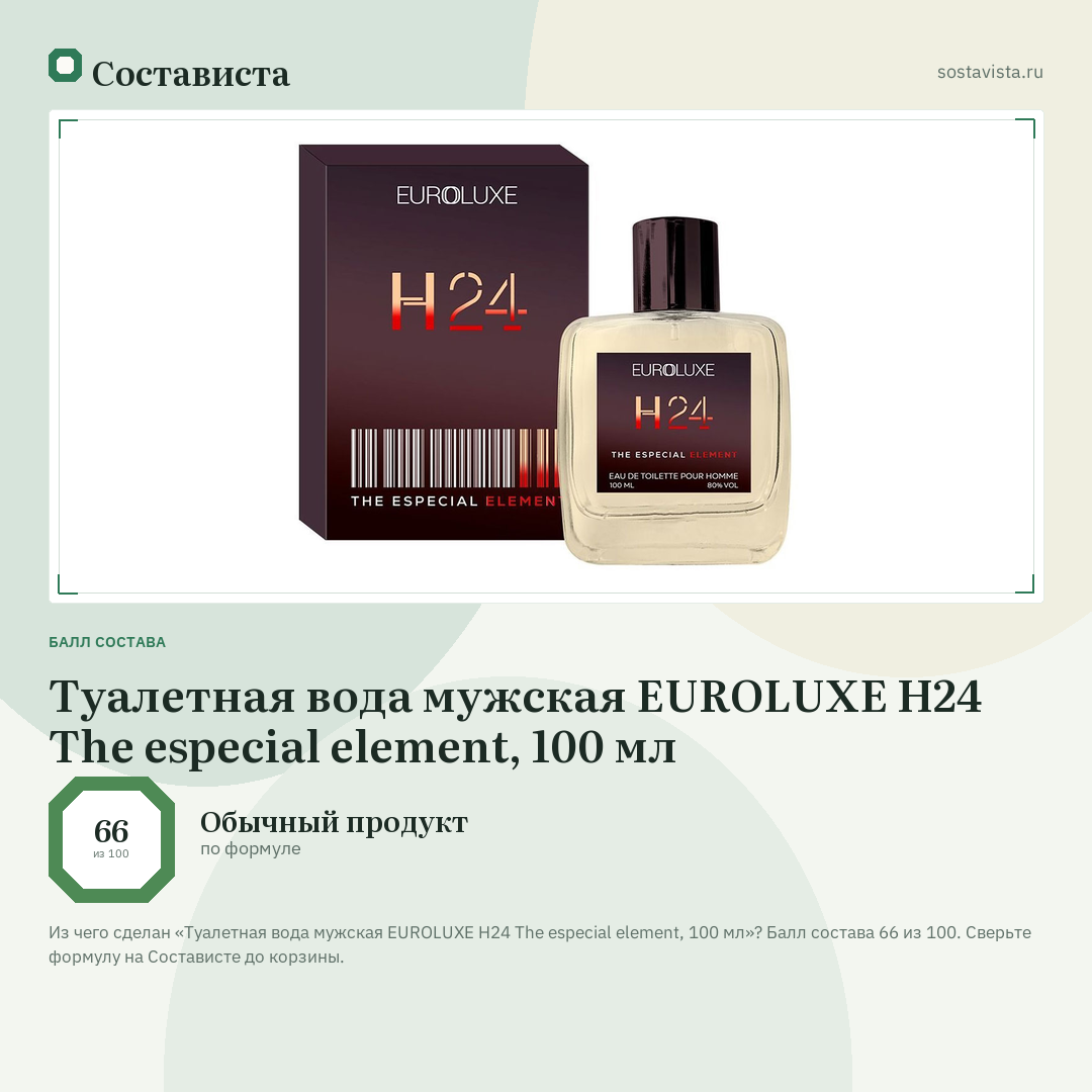 Туалетная вода мужская EUROLUXE H24 The especial element, 100 мл: балл состава 66 из 100 — Состависта