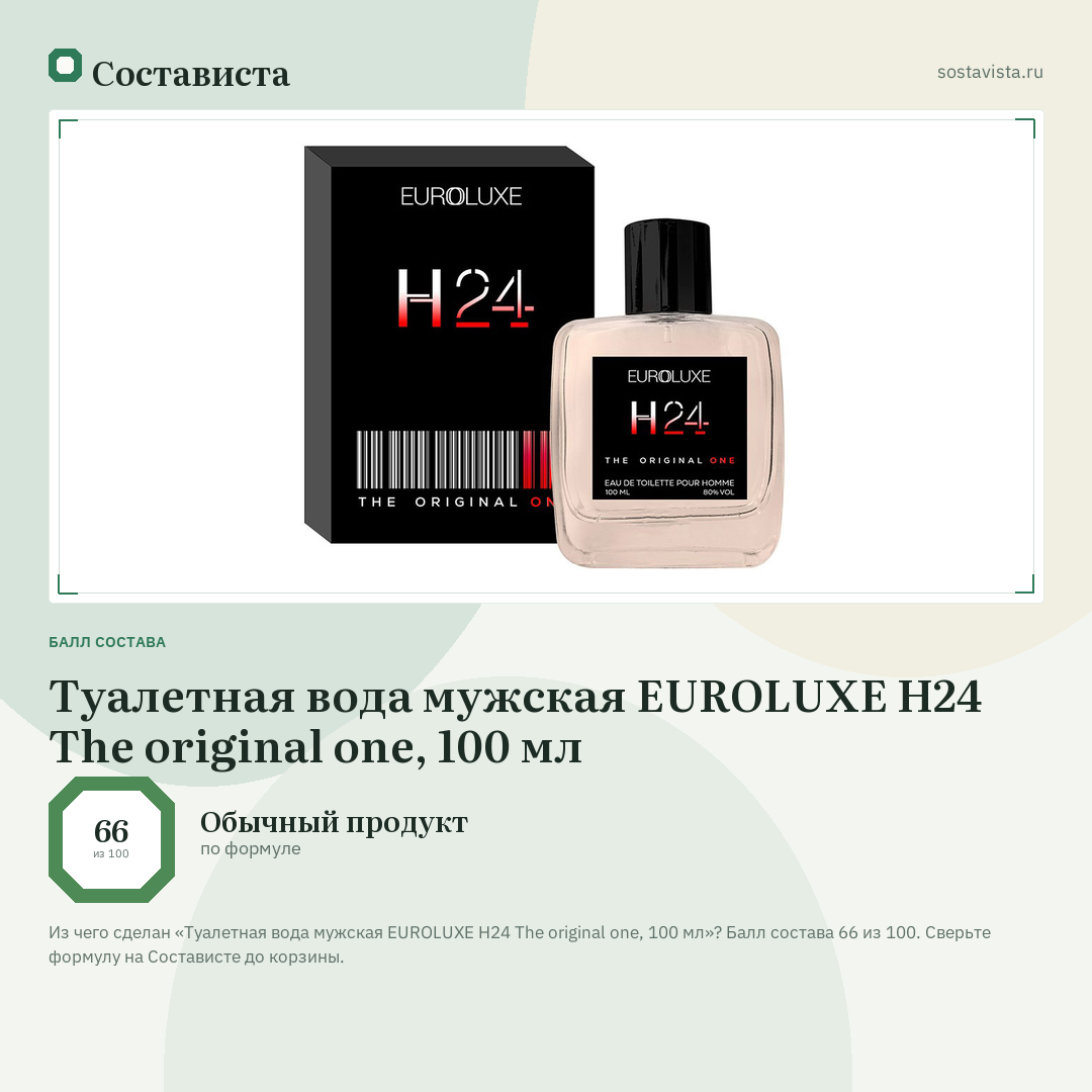 Туалетная вода мужская EUROLUXE H24 The original one, 100 мл: балл состава 66 из 100 — Состависта