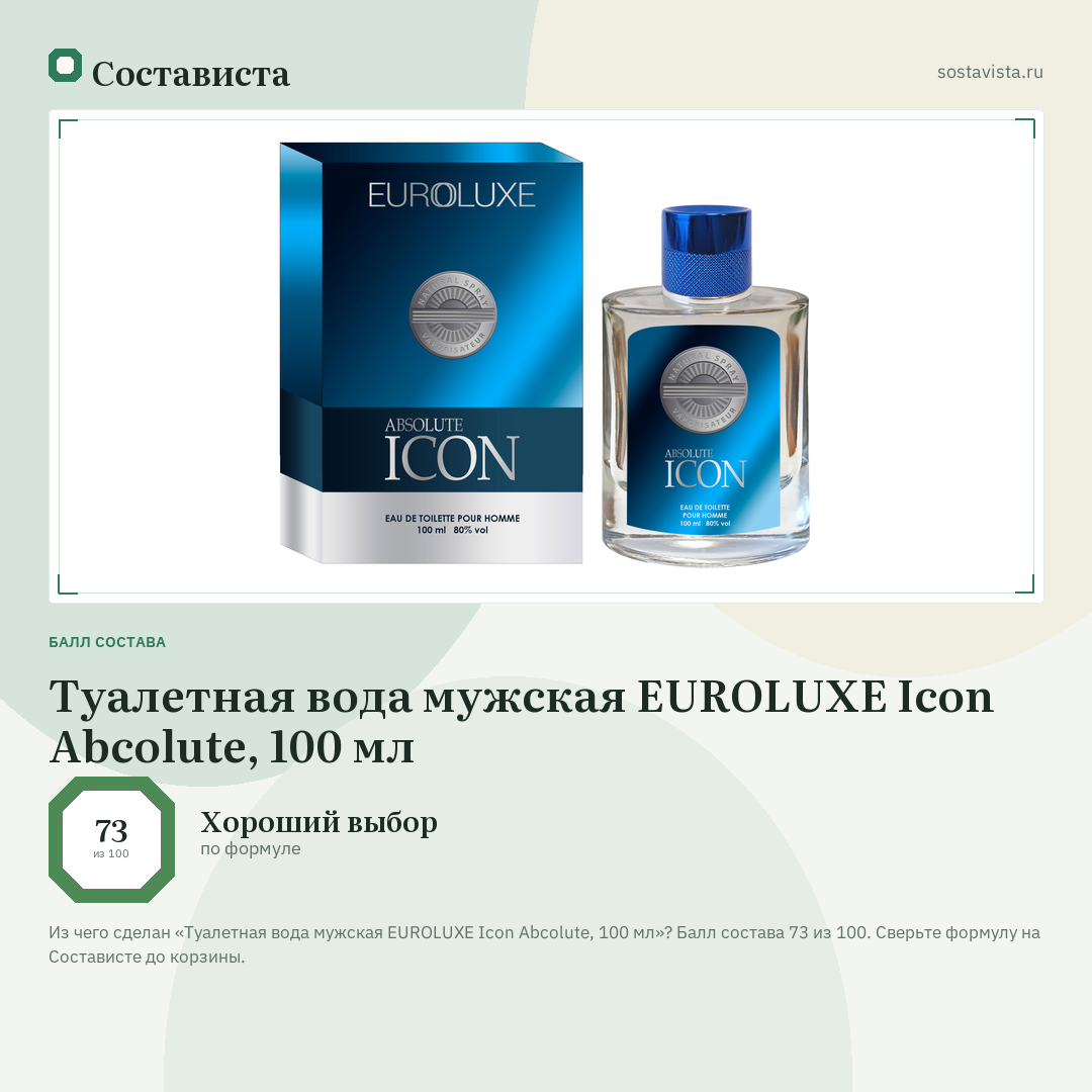 Туалетная вода мужская EUROLUXE Icon Abcolute, 100 мл: балл состава 73 из 100 — Состависта