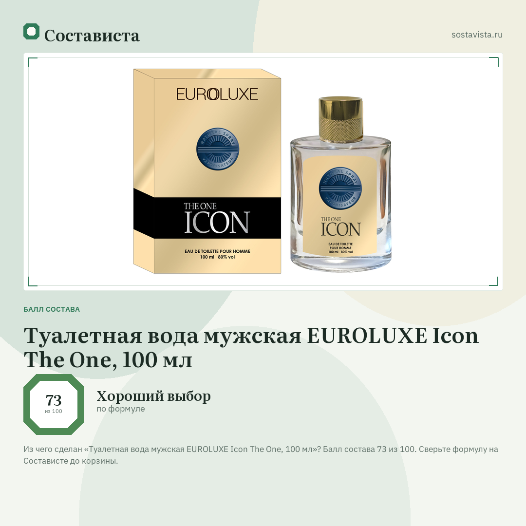 Туалетная вода мужская EUROLUXE Icon The One, 100 мл: балл состава 73 из 100 — Состависта