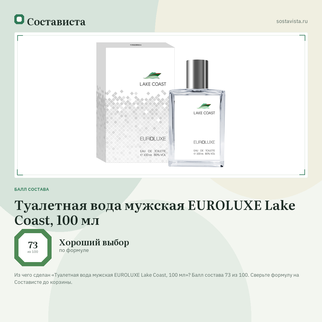Туалетная вода мужская EUROLUXE Lake Coast, 100 мл: балл состава 73 из 100 — Состависта