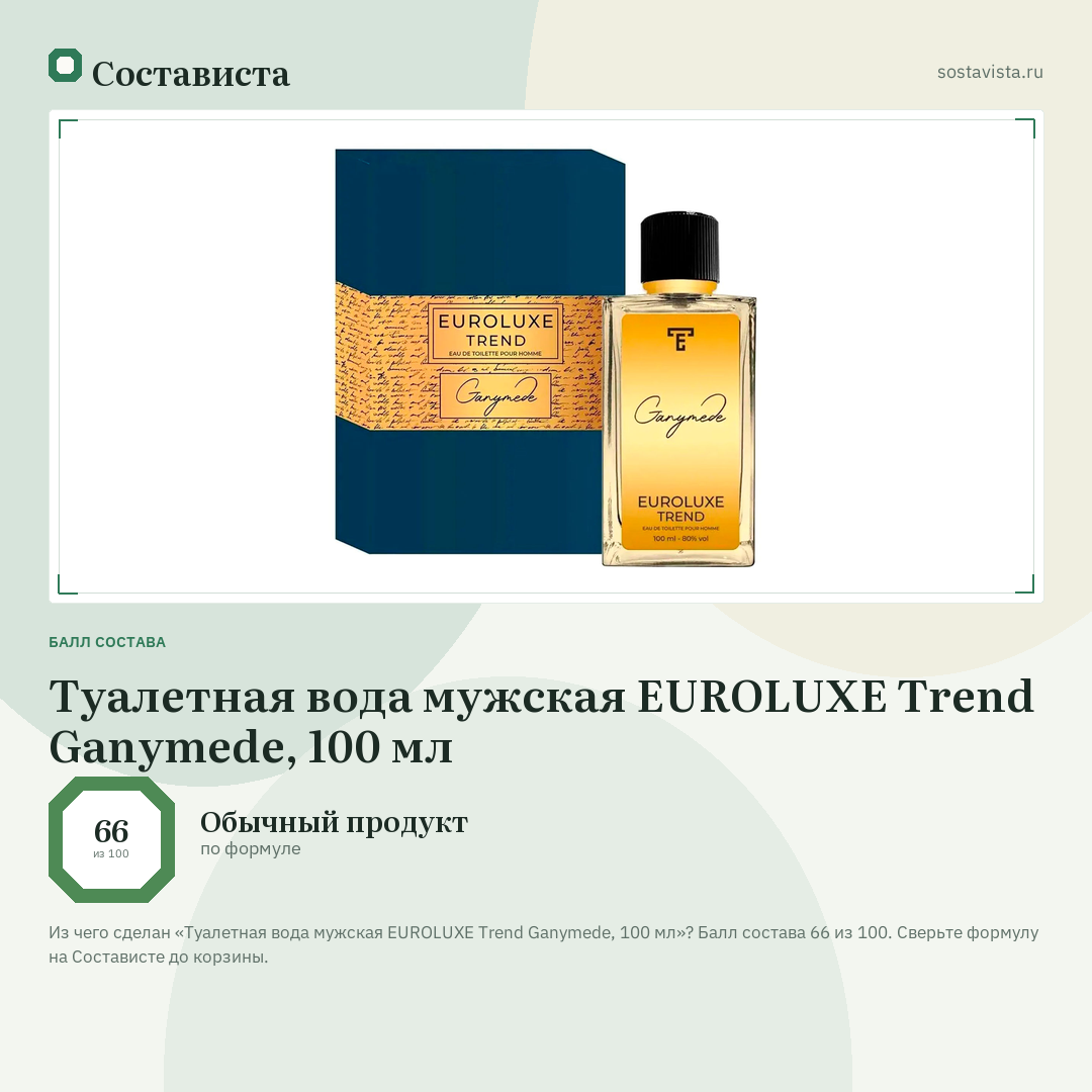 Туалетная вода мужская EUROLUXE Trend Ganymede, 100 мл: балл состава 66 из 100 — Состависта