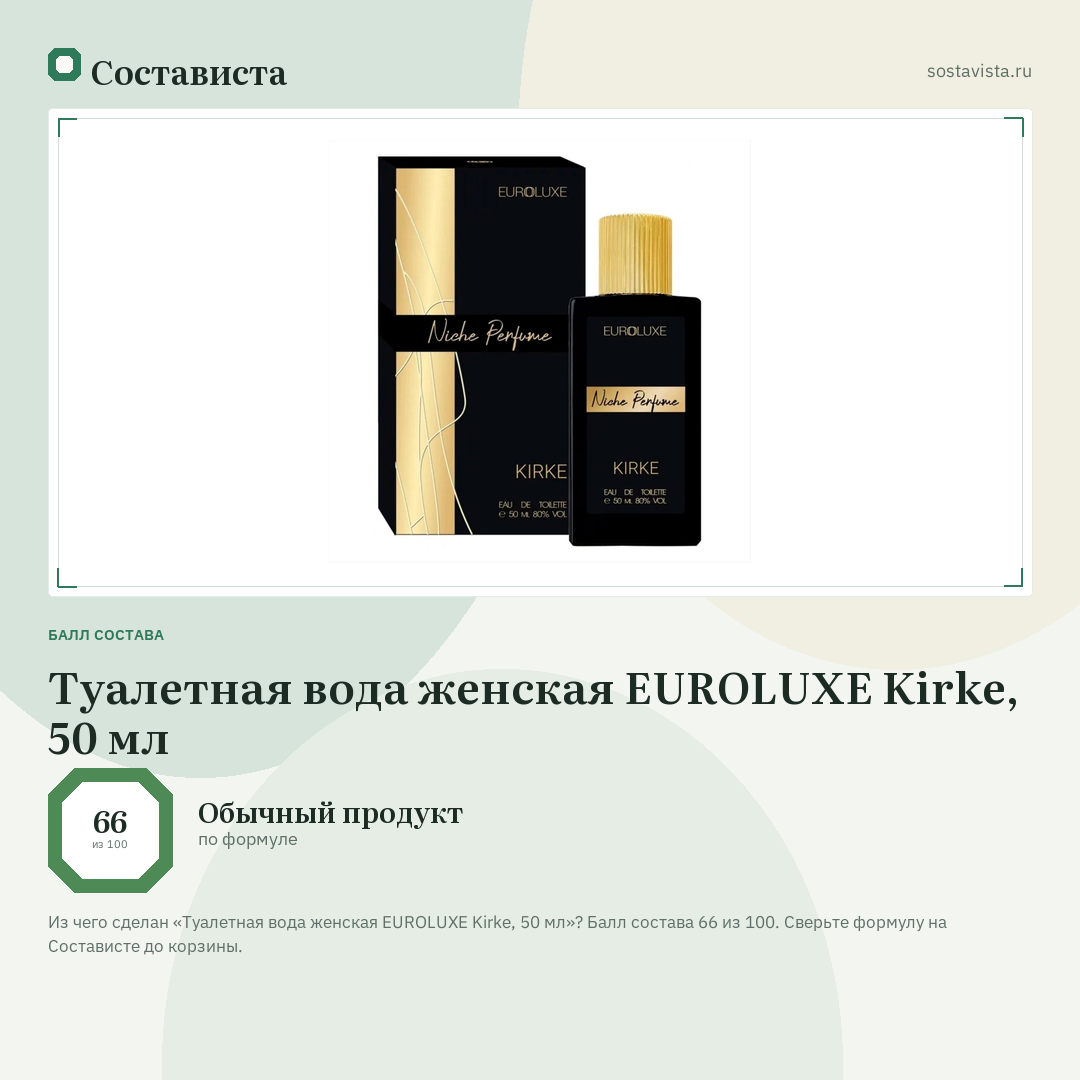 Туалетная вода женская EUROLUXE Kirke, 50 мл: балл состава 66 из 100 — Состависта