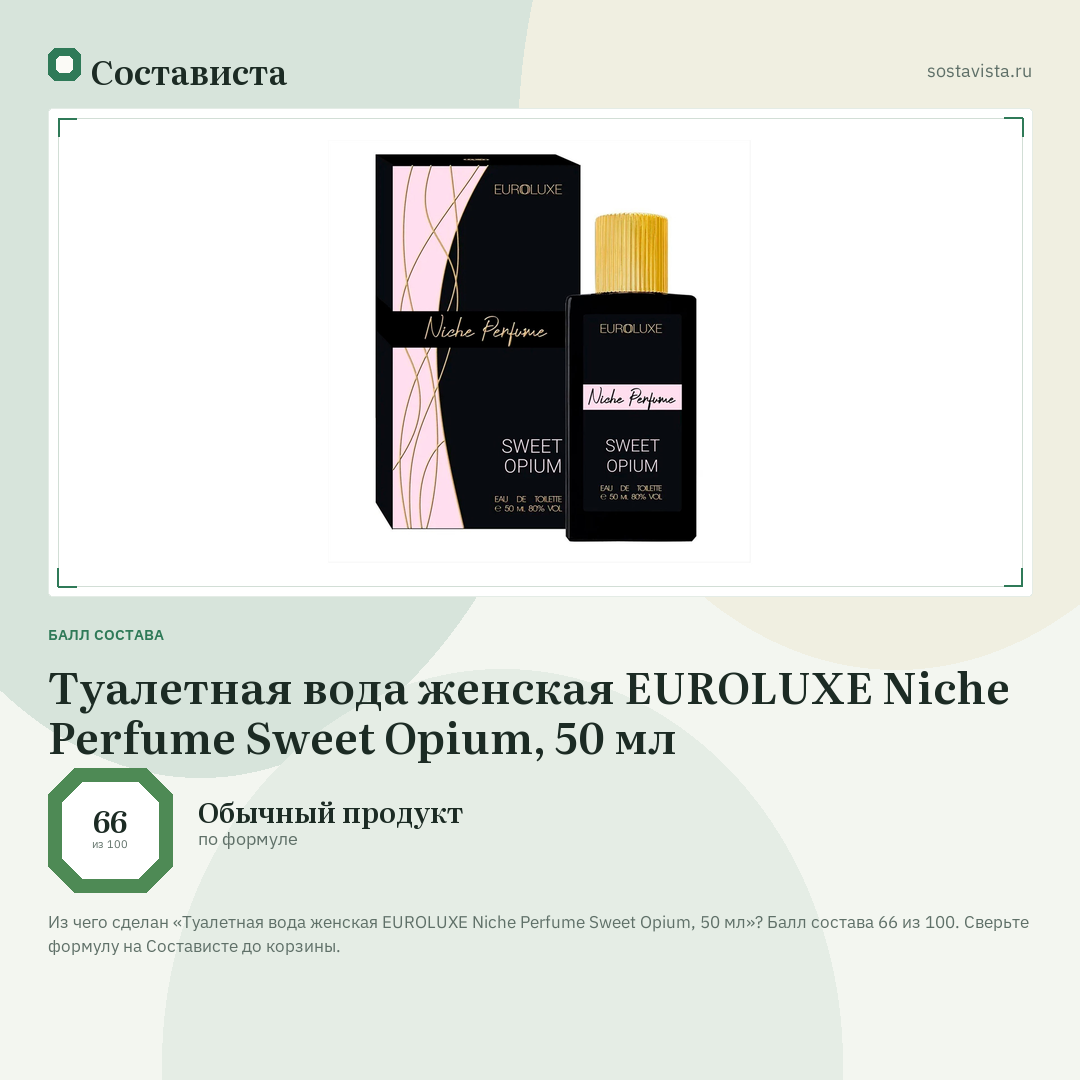 Туалетная вода женская EUROLUXE Niche Perfume Sweet Opium, 50 мл: балл состава 66 из 100 — Состависта