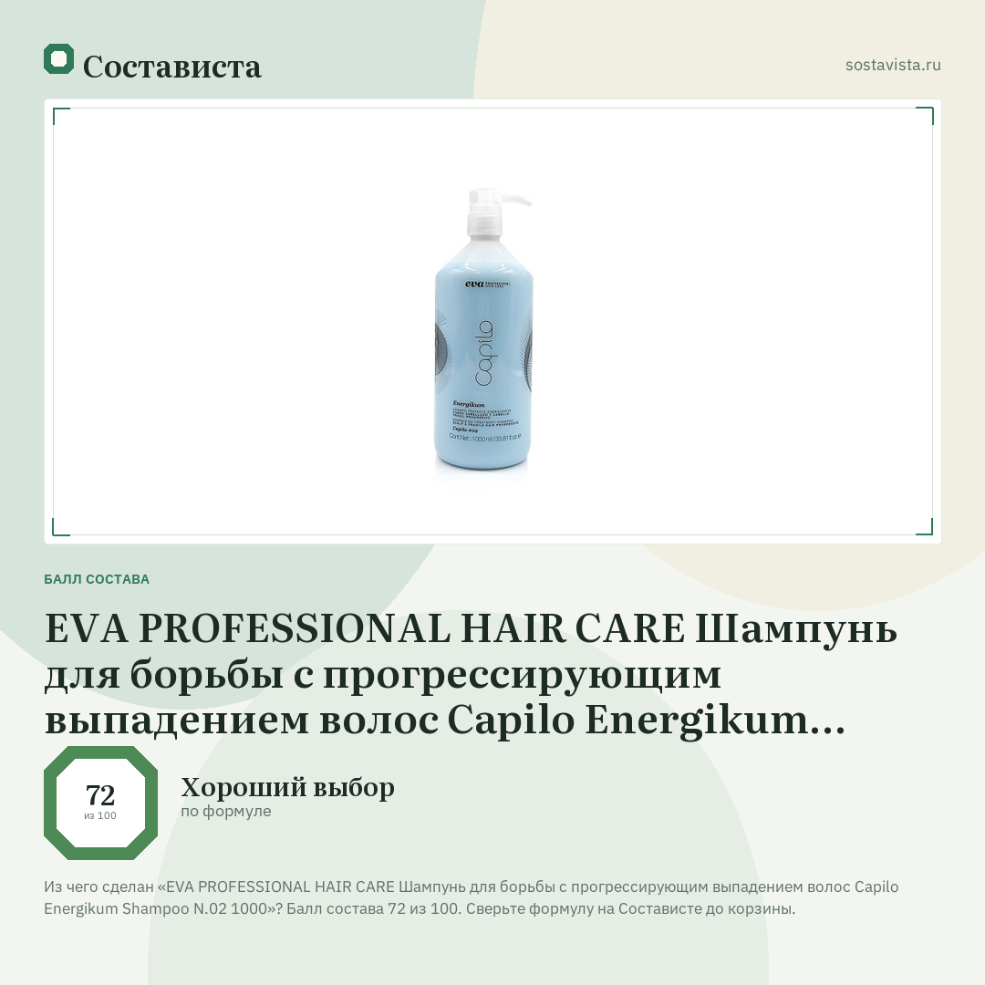 EVA PROFESSIONAL HAIR CARE Шампунь для борьбы с прогрессирующим выпадением волос Capilo Energikum Shampoo N.02 1000: балл состава 72 из 100 — Состависта