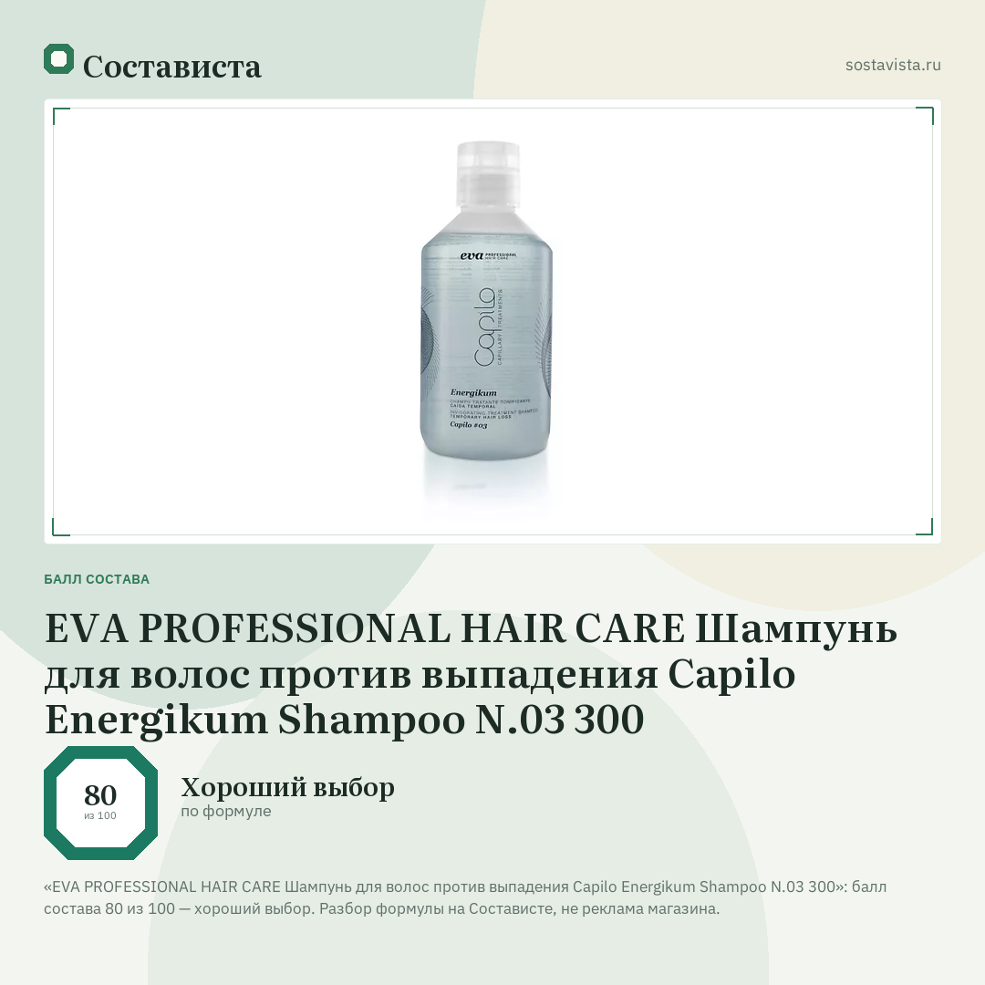 EVA PROFESSIONAL HAIR CARE Шампунь для волос против выпадения Capilo Energikum Shampoo N.03 300: балл состава 80 из 100 — Состависта