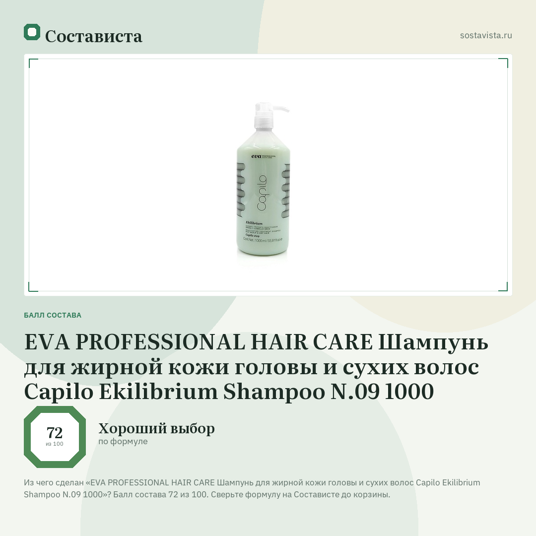 EVA PROFESSIONAL HAIR CARE Шампунь для жирной кожи головы и сухих волос Capilo Ekilibrium Shampoo N.09 1000: балл состава 72 из 100 — Состависта