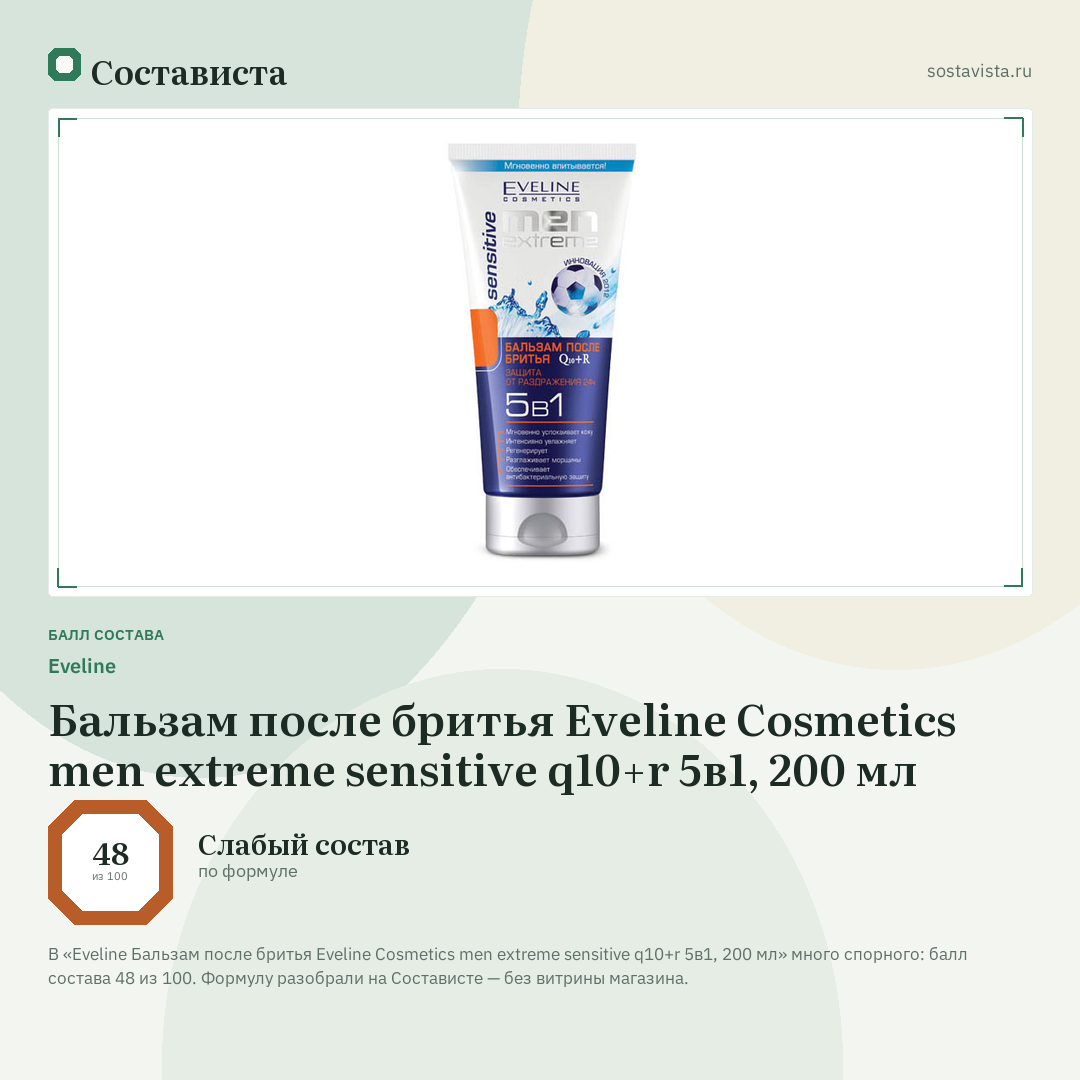 Еveline Бальзам после бритья Eveline Cosmetics men extreme sensitive q10+r 5в1, 200 мл: балл состава 48 из 100 — Состависта