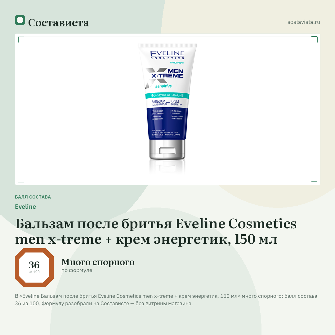 Еveline Бальзам после бритья Eveline Cosmetics men x-treme + крем энергетик, 150 мл: балл состава 36 из 100 — Состависта