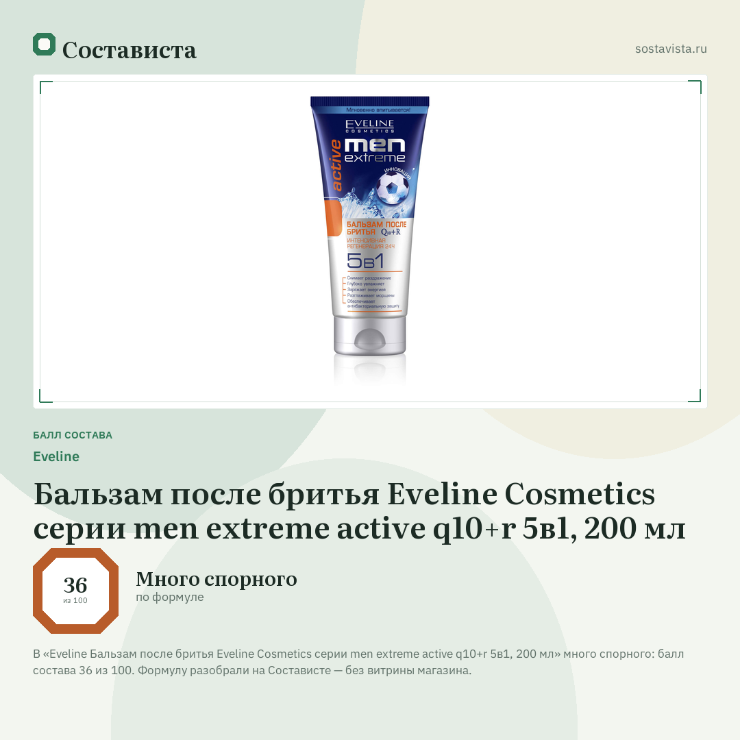 Еveline Бальзам после бритья Eveline Cosmetics серии men extreme active q10+r 5в1, 200 мл: балл состава 36 из 100 — Состависта