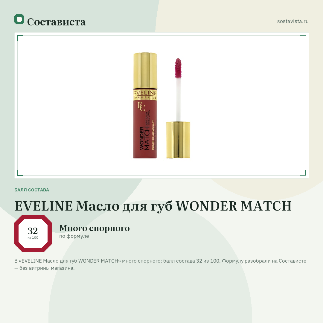 EVELINE Масло для губ WONDER MATCH: балл состава 32 из 100 — Состависта