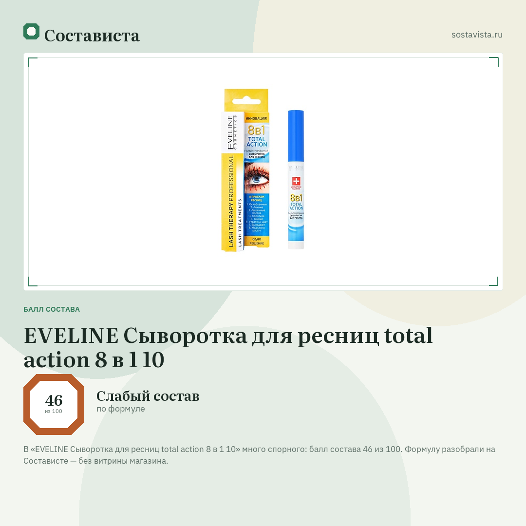 EVELINE Сыворотка для ресниц total action 8 в 1 10: балл состава 46 из 100 — Состависта