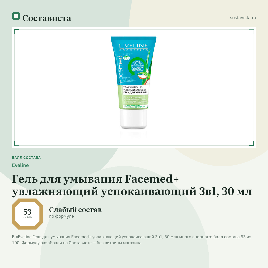 Еveline Гель для умывания Facemed+ увлажняющий успокаивающий 3в1, 30 мл: балл состава 53 из 100 — Состависта