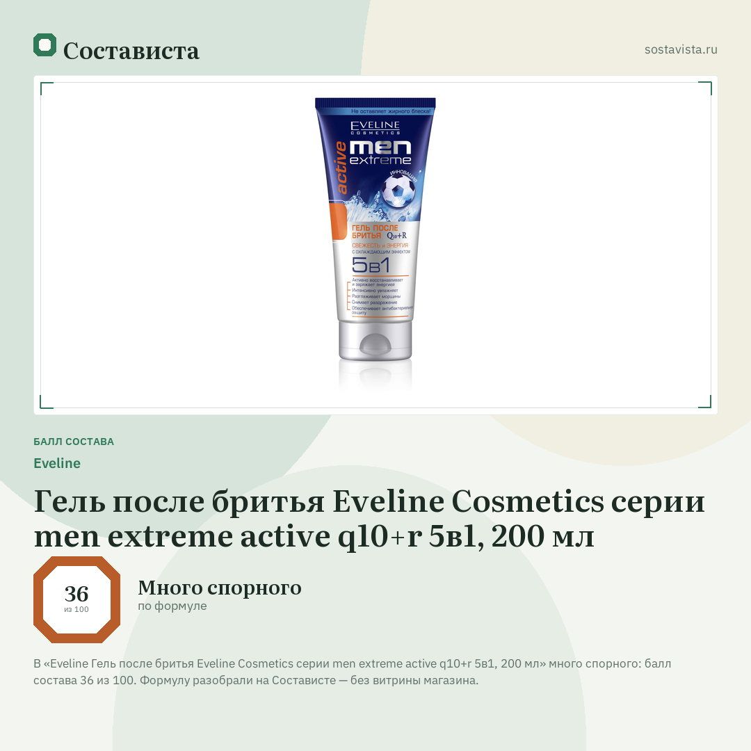 Еveline Гель после бритья Eveline Cosmetics серии men extreme active q10+r 5в1, 200 мл: балл состава 36 из 100 — Состависта