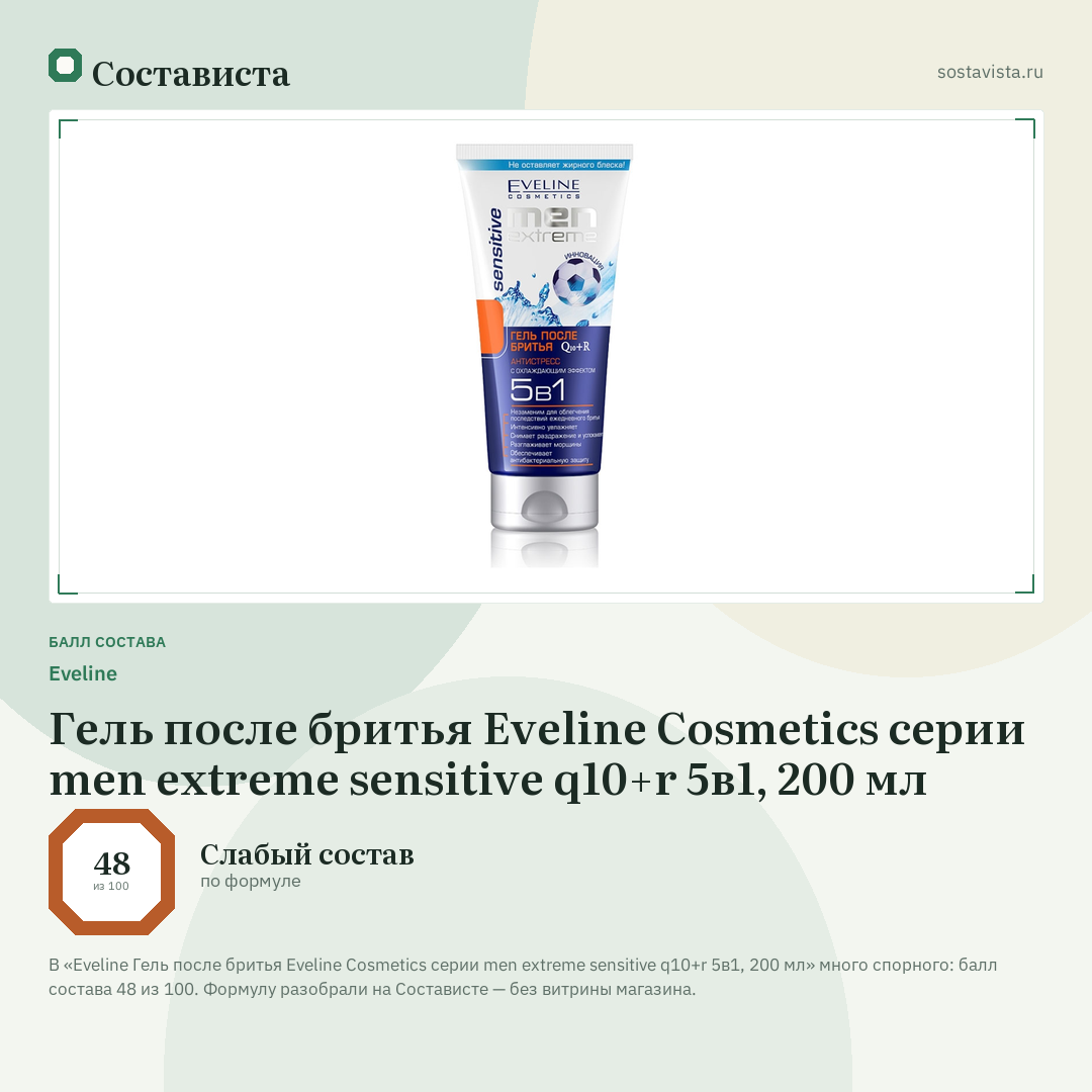 Еveline Гель после бритья Eveline Cosmetics серии men extreme sensitive q10+r 5в1, 200 мл: балл состава 48 из 100 — Состависта