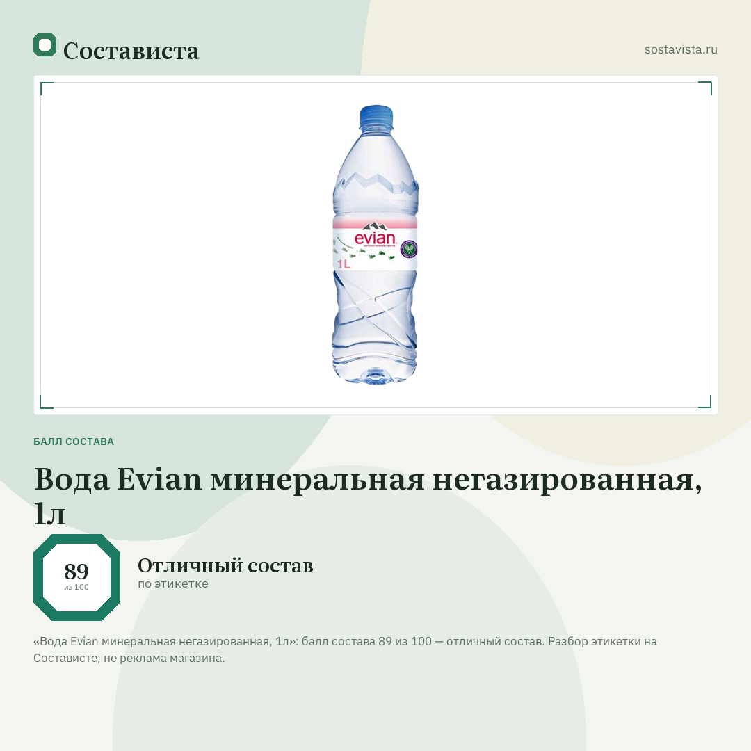 Вода Evian минеральная негазированная, 1л: балл состава 89 из 100 — Состависта