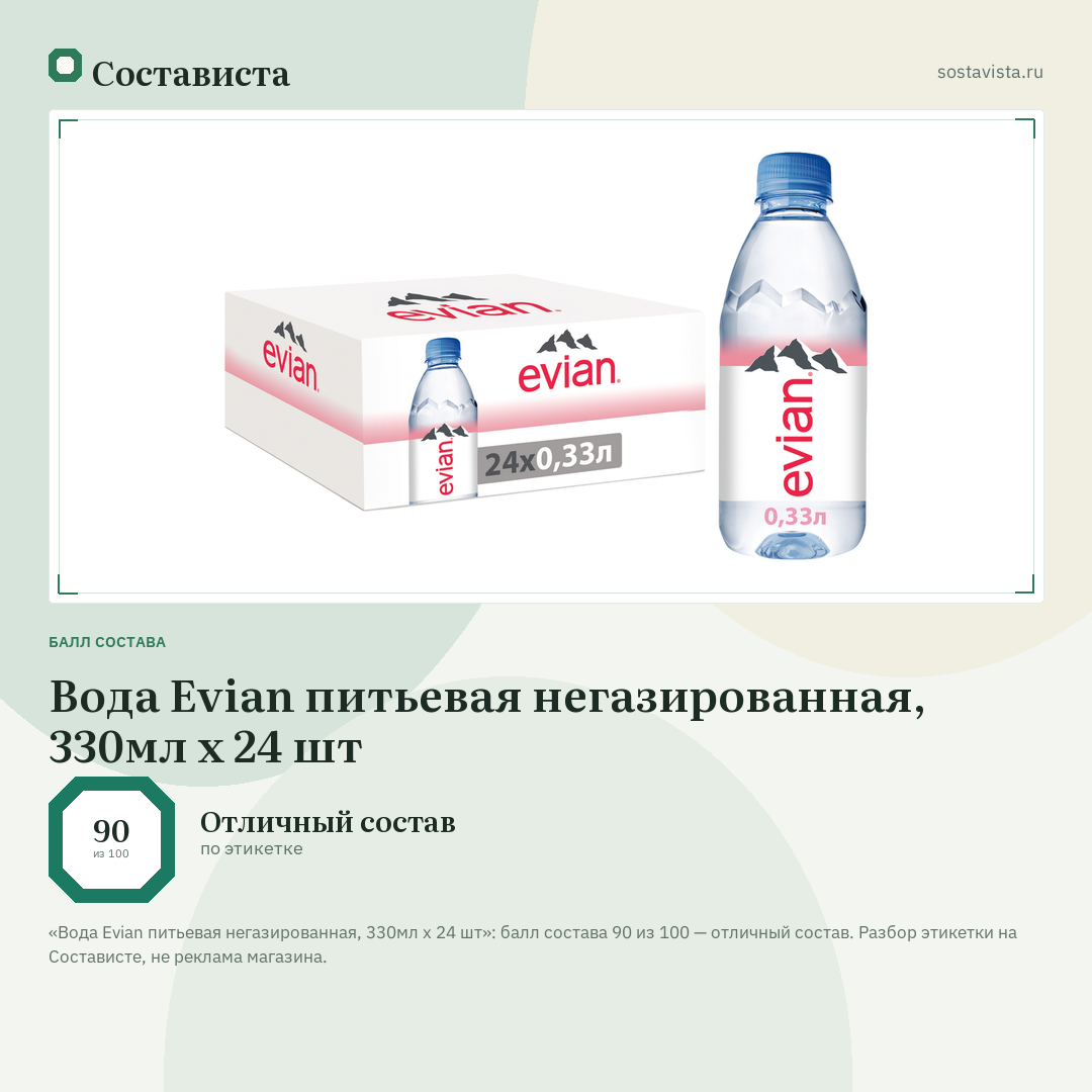 Вода Evian питьевая негазированная, 330мл x 24 шт: балл состава 90 из 100 — Состависта