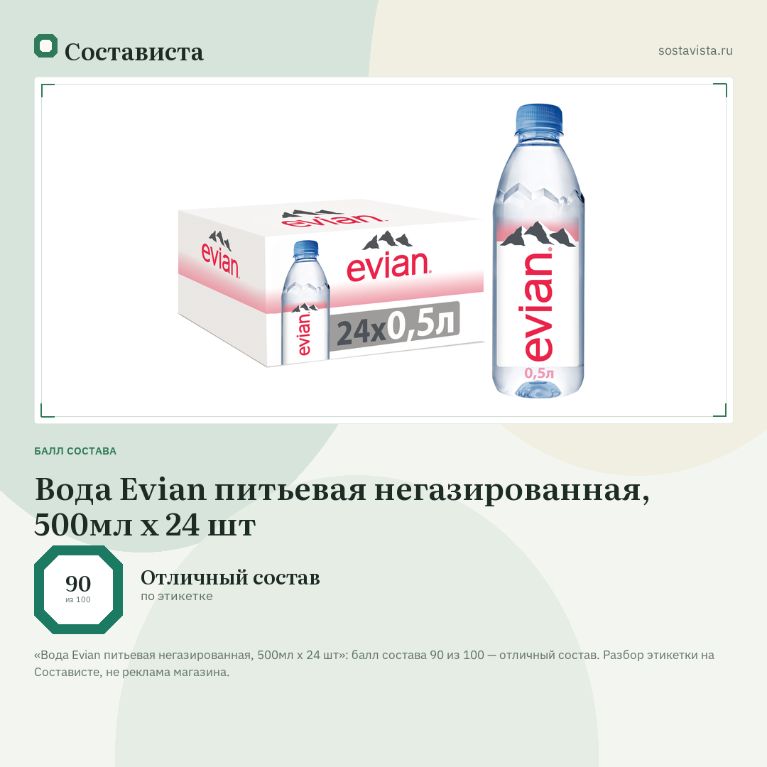 Вода Evian питьевая негазированная, 500мл x 24 шт: балл состава 90 из 100 — Состависта