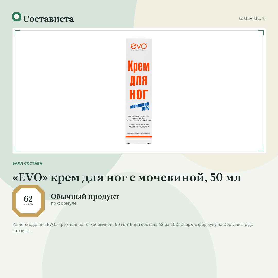 «EVO» крем для ног с мочевиной, 50 мл: балл состава 62 из 100 — Состависта