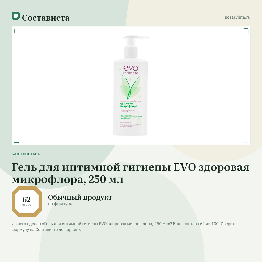 Гель для интимной гигиены EVO здоровая микрофлора, 250 мл: балл состава 62 из 100 — Состависта