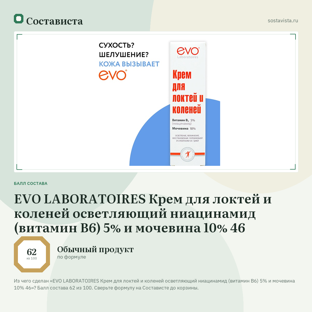 EVO LABORATOIRES Крем для локтей и коленей осветляющий ниацинамид (витамин В6) 5% и мочевина 10% 46: балл состава 62 из 100 — Состависта
