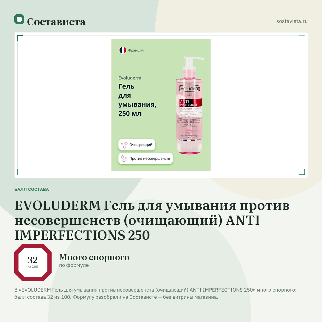 EVOLUDERM Гель для умывания против несовершенств (очищающий) ANTI IMPERFECTIONS 250: балл состава 32 из 100 — Состависта