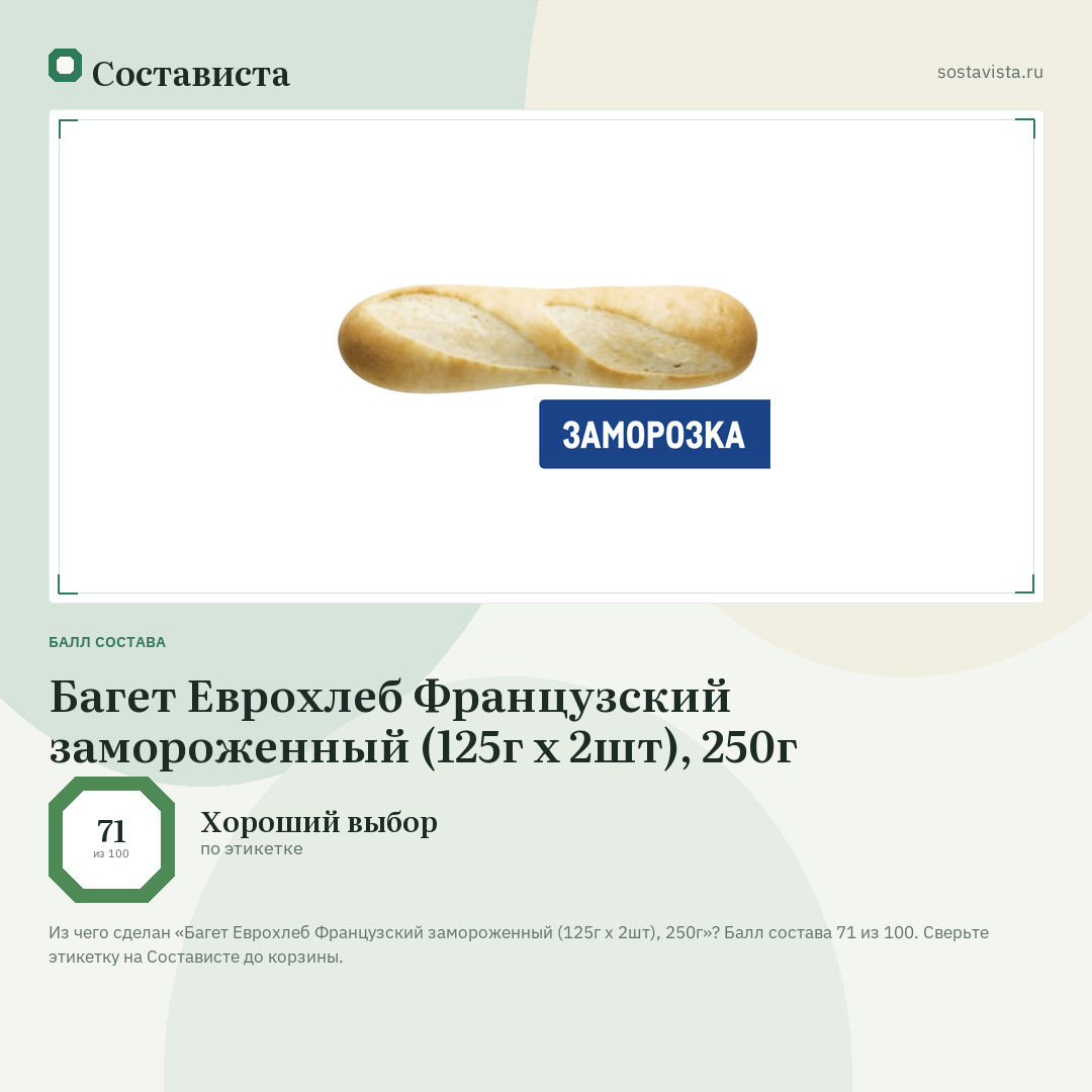 Багет Еврохлеб Французский замороженный (125г x 2шт), 250г: балл состава 71 из 100 — Состависта