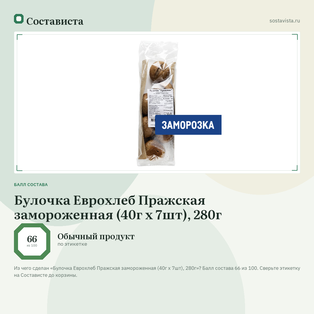 Булочка Еврохлеб Пражская замороженная (40г х 7шт), 280г: балл состава 66 из 100 — Состависта