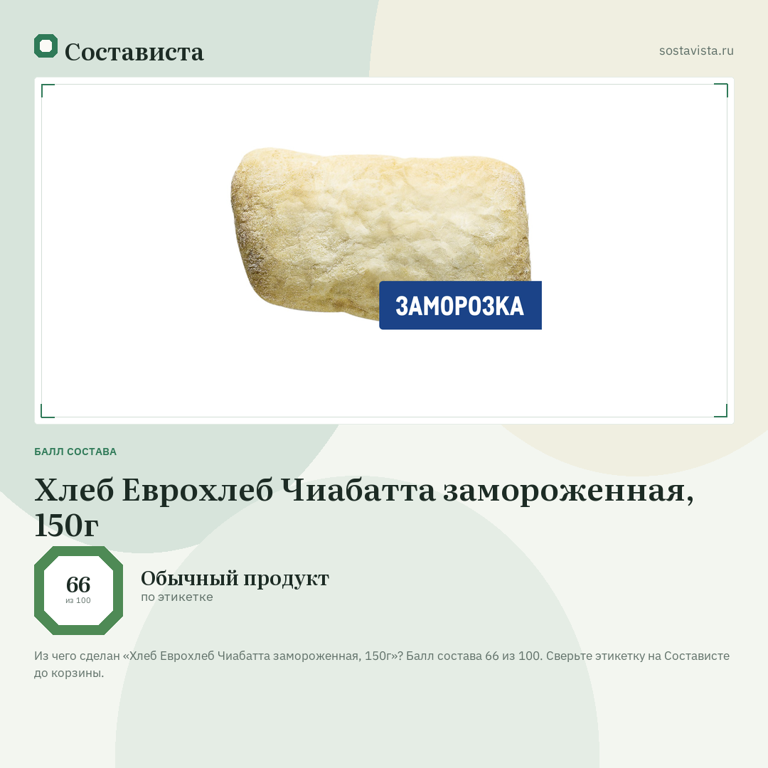 Хлеб Еврохлеб Чиабатта замороженная, 150г: балл состава 66 из 100 — Состависта