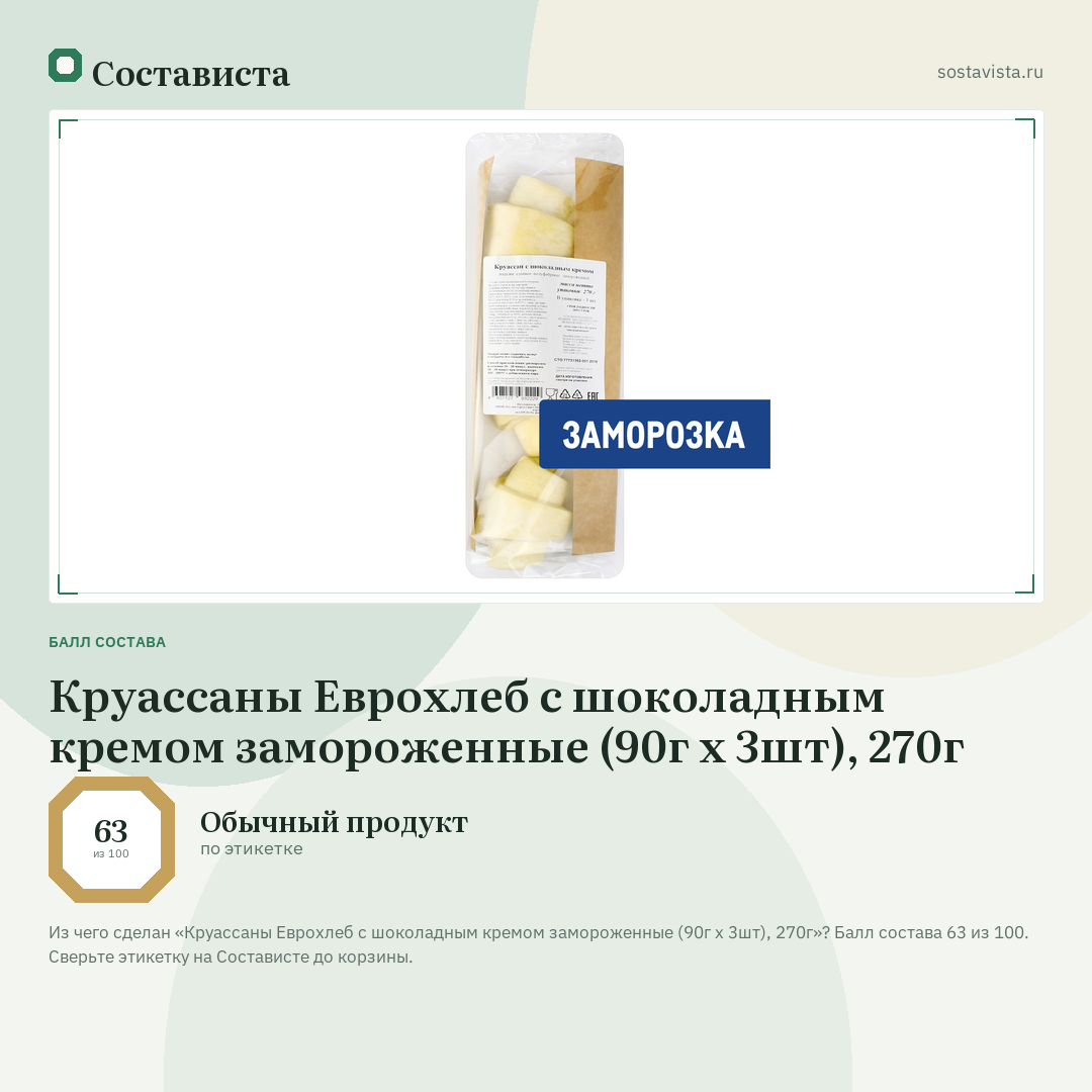 Круассаны Еврохлеб с шоколадным кремом замороженные (90г x 3шт), 270г: балл состава 63 из 100 — Состависта