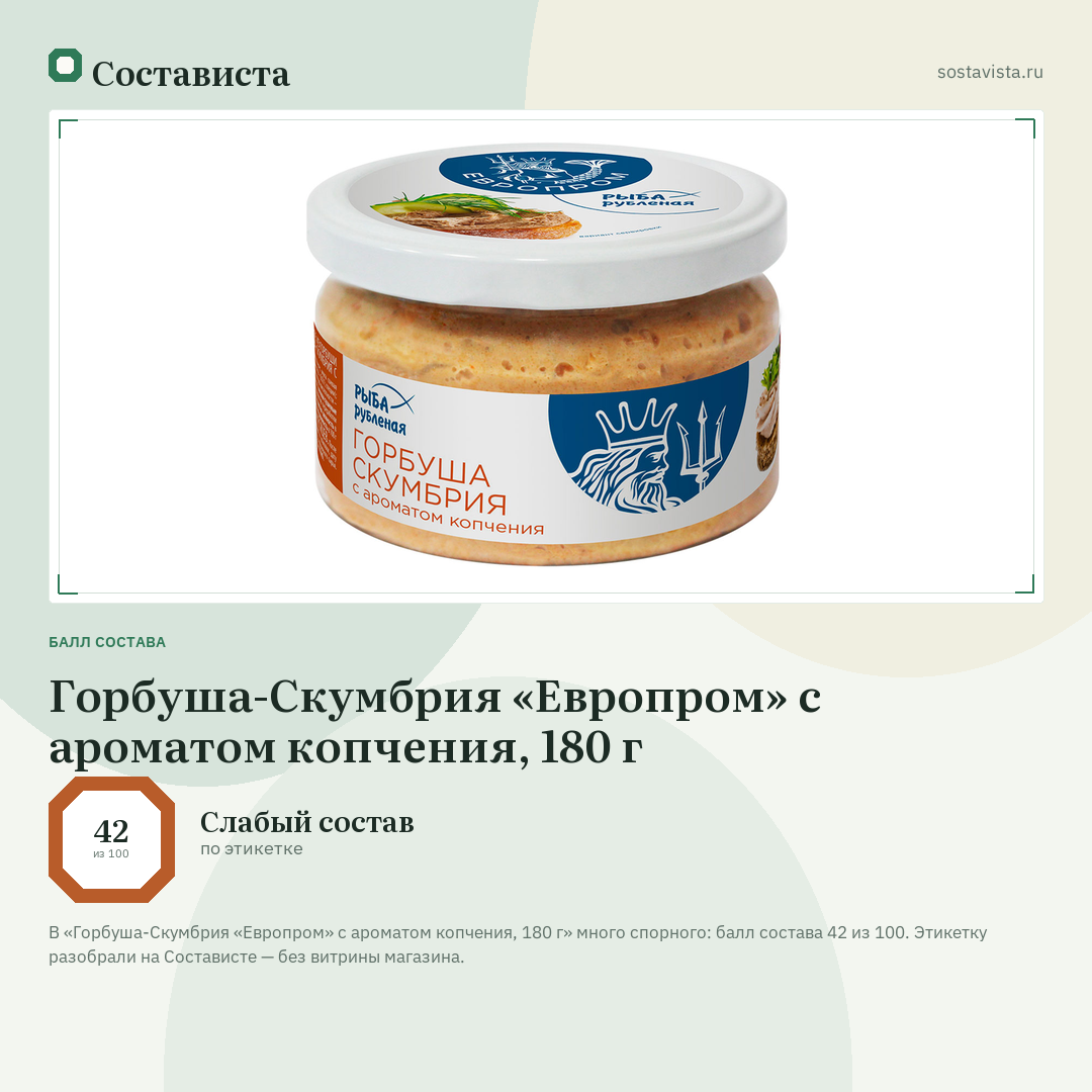 Горбуша-Скумбрия «Европром» с ароматом копчения, 180 г: балл состава 42 из 100 — Состависта