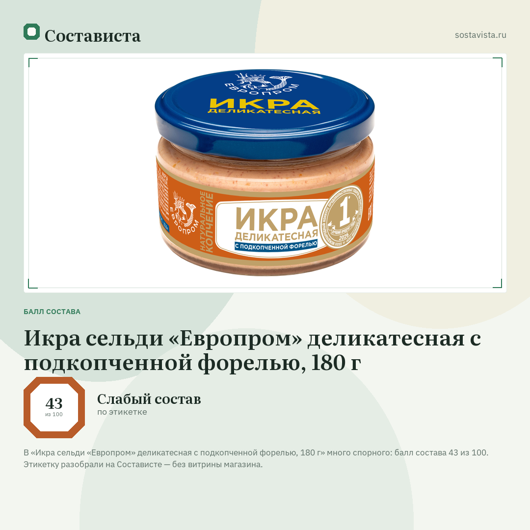 Икра сельди «Европром» деликатесная с подкопченной форелью, 180 г: балл состава 43 из 100 — Состависта