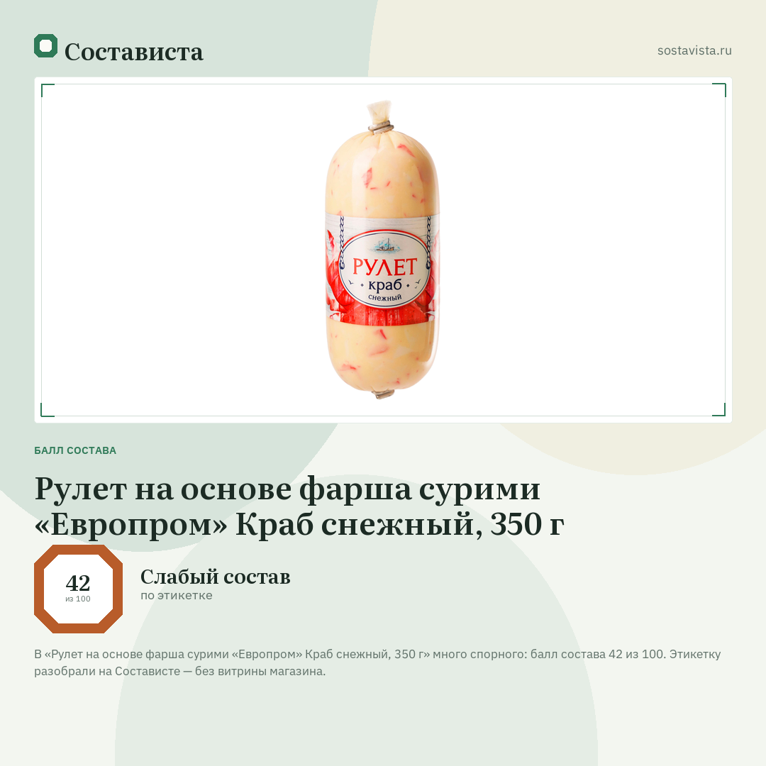 Рулет на основе фарша сурими «Европром» Краб снежный, 350 г: балл состава 42 из 100 — Состависта
