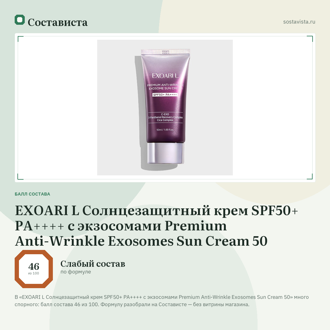 EXOARI L Солнцезащитный крем SPF50+ PA++++ с экзосомами Premium Anti-Wrinkle Exosomes Sun Cream 50: балл состава 46 из 100 — Состависта