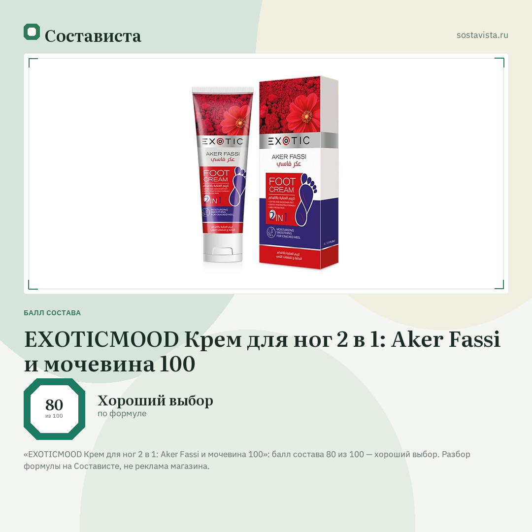 EXOTICMOOD Крем для ног 2 в 1: Aker Fassi и мочевина 100: балл состава 80 из 100 — Состависта
