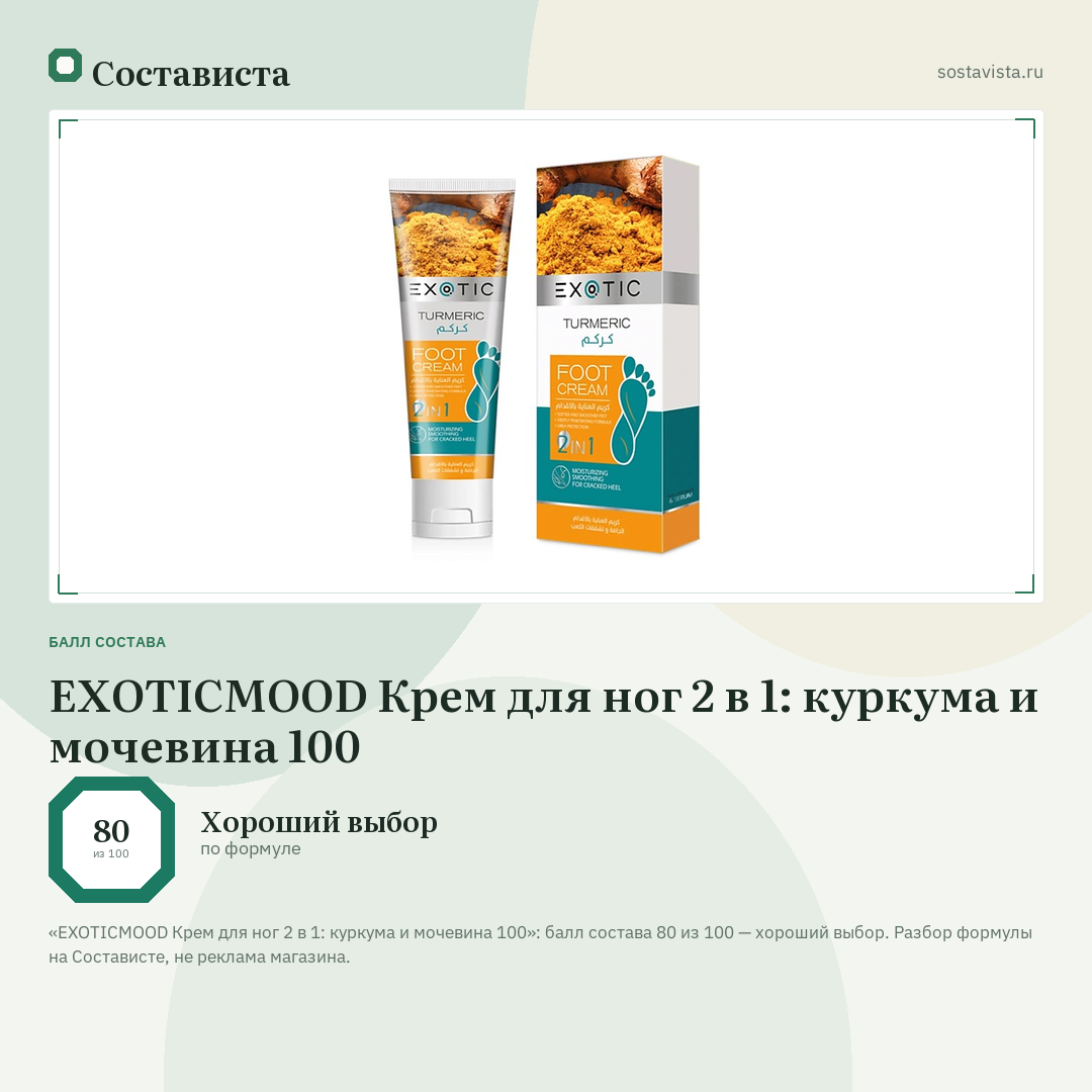 EXOTICMOOD Крем для ног 2 в 1: куркума и мочевина 100: балл состава 80 из 100 — Состависта