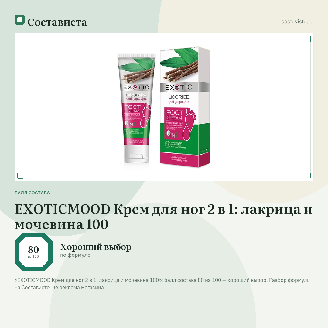 EXOTICMOOD Крем для ног 2 в 1: лакрица и мочевина 100: балл состава 80 из 100 — Состависта
