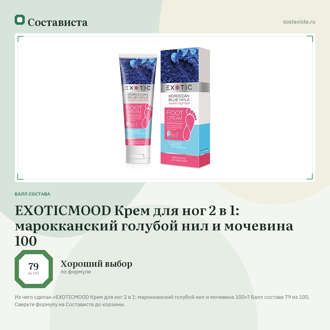 EXOTICMOOD Крем для ног 2 в 1: марокканский голубой нил и мочевина 100: балл состава 79 из 100 — Состависта